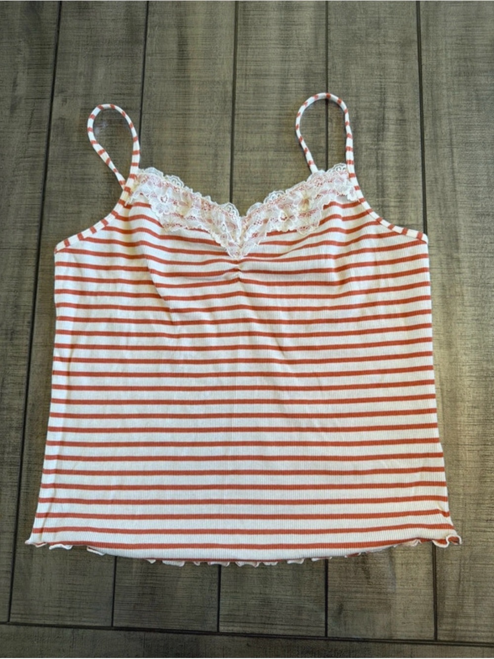 American Eagle Outfitters White & Orange Striped Lace-Trim Cami